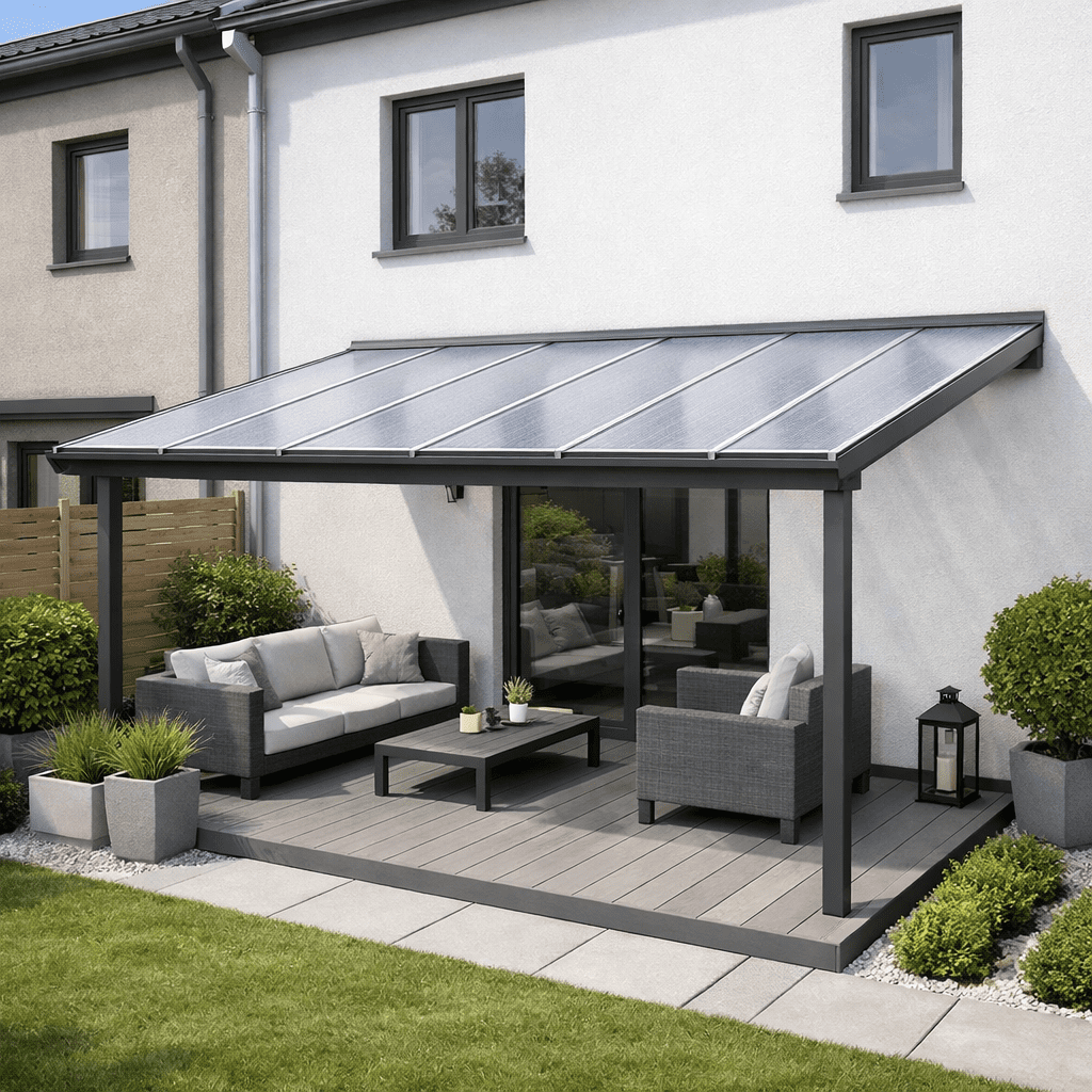 Zadaszenie z poliweglanu komorowego na tarasie w zabudowie szeregowej